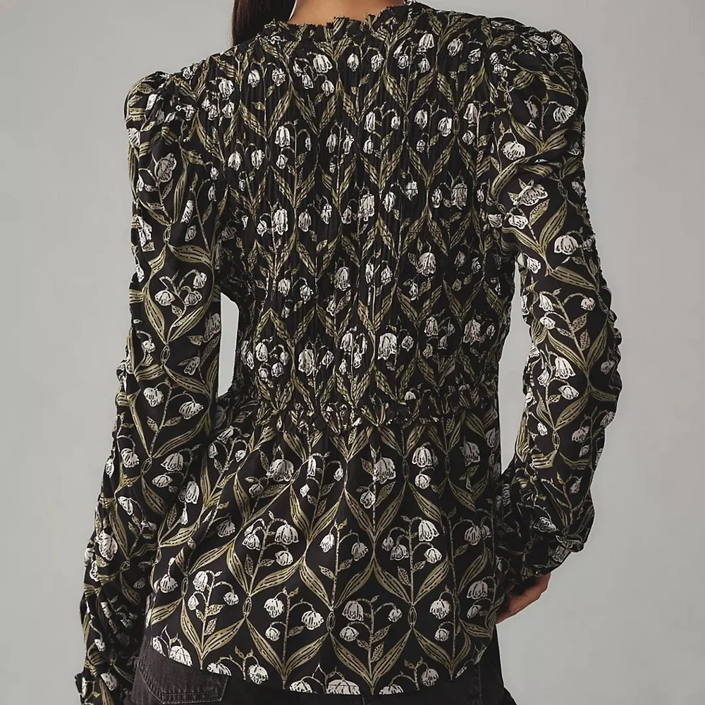 Anthropologie Ruched Sleeve V-neck Black and Green Floral Blouse Fall - XL - Picture 2 of 13